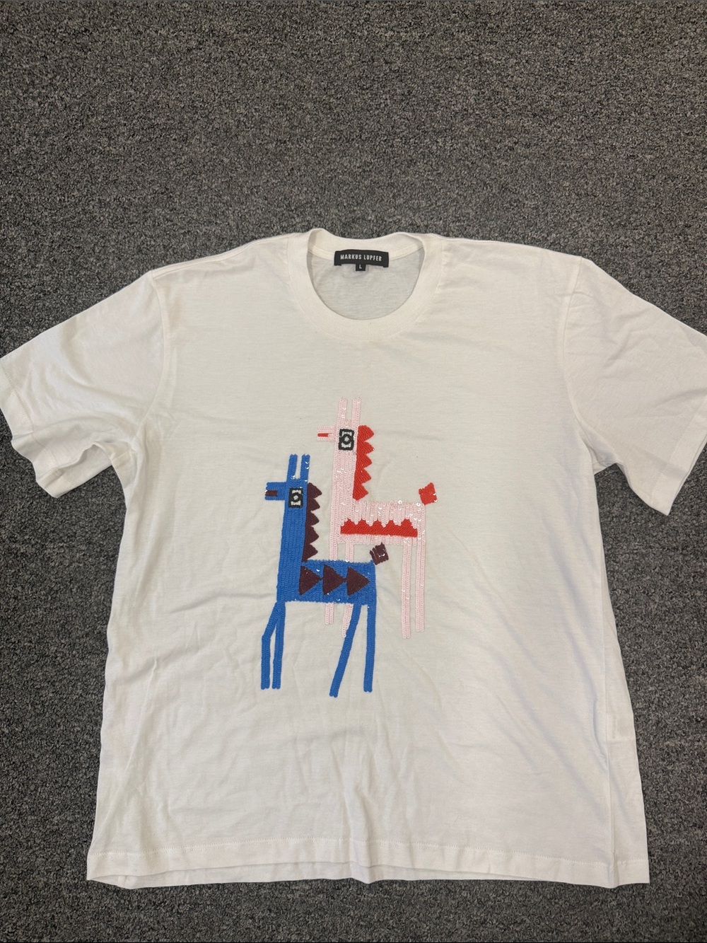 Markus Lupfer White women’s Tee with Blue & Pink Embroidered Animal Motif